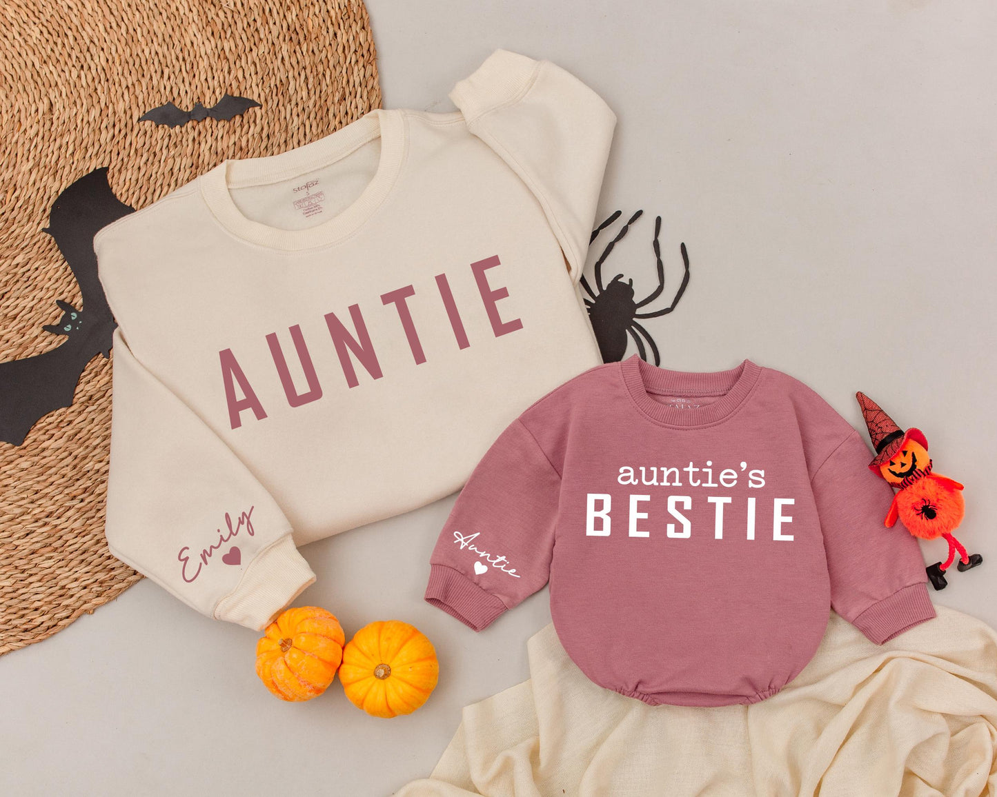 Matching Auntie & Me Sweatshirts: Personalized Auntie's Bestie Fall Outfit, Custom Name Sleeve, Thanksgiving Family Sweaters, Halloween Costume 139