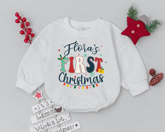 Custom Name Baby's First Christmas Romper – Retro Holiday Bodysuit