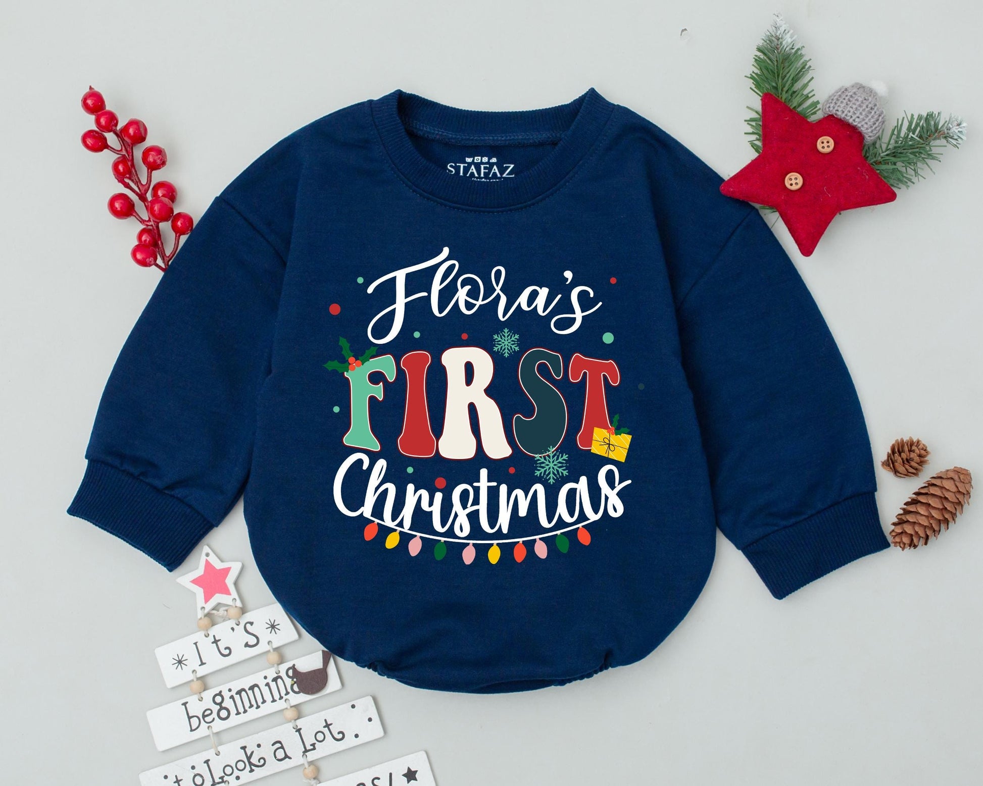 Custom Name Baby's First Christmas Romper – Retro Holiday Bodysuit