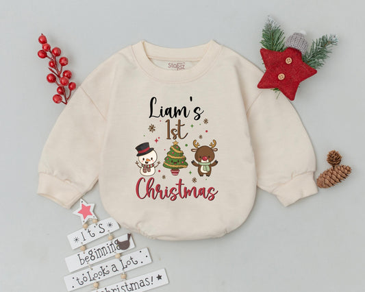 Custom Name Baby Christmas Romper - Cute Reindeer First Xmas Outfit