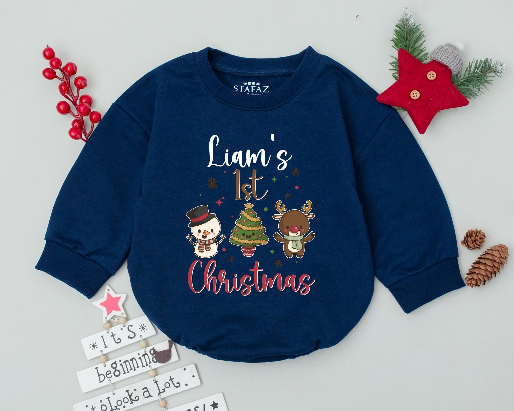Custom Name Baby Christmas Romper - Cute Reindeer First Xmas Outfit