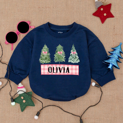 Cute Christmas Trees Romper Baby Outfit Personalized Name Pink Bow Gingham Banner Toddler First Christmas Clothes Cozy Holiday Gift