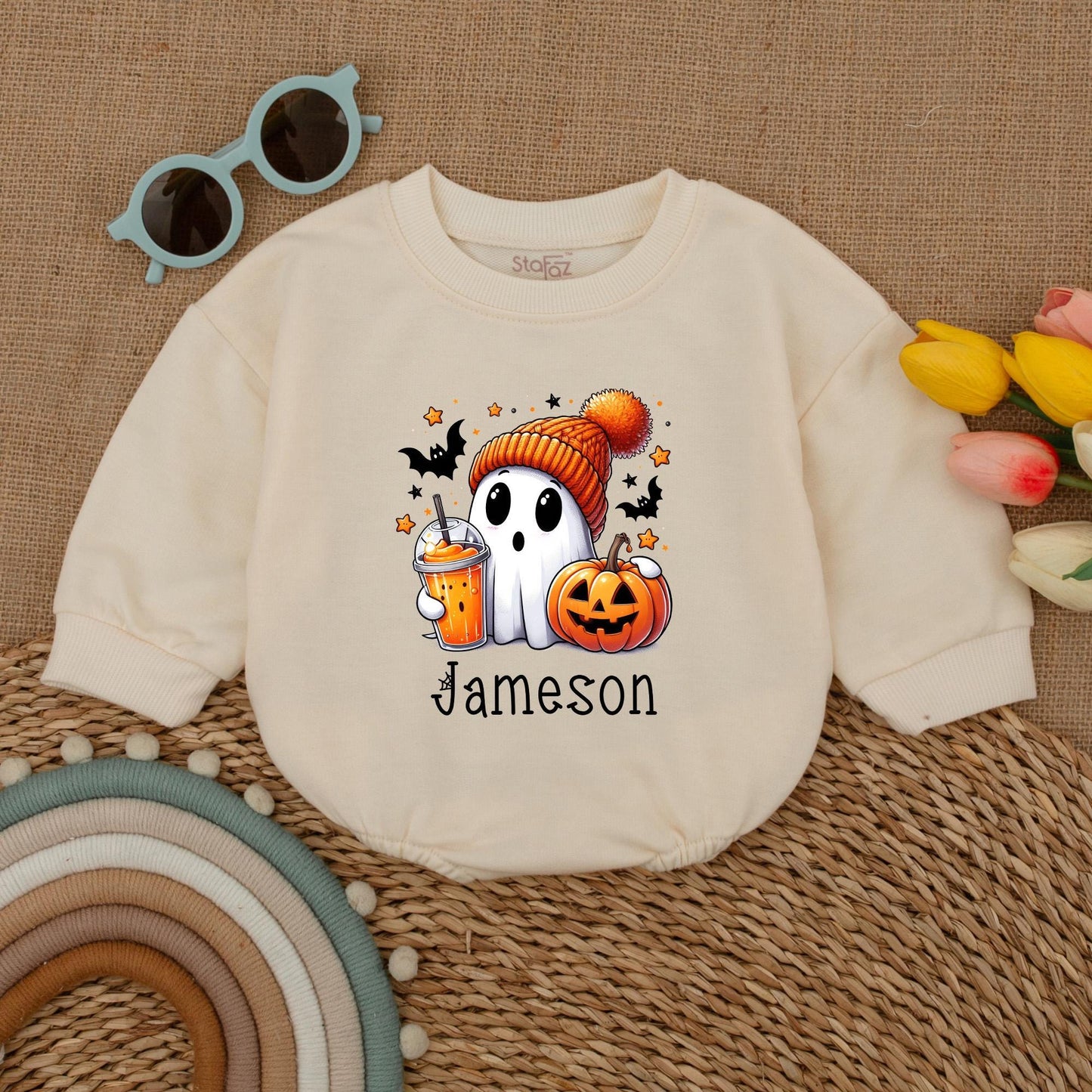 Custom Jameson Ghost Baby Romper Halloween Costume Infant Boy Girl Fall Outfit Cute Jack-o-Lantern & Bats Baby Clothes