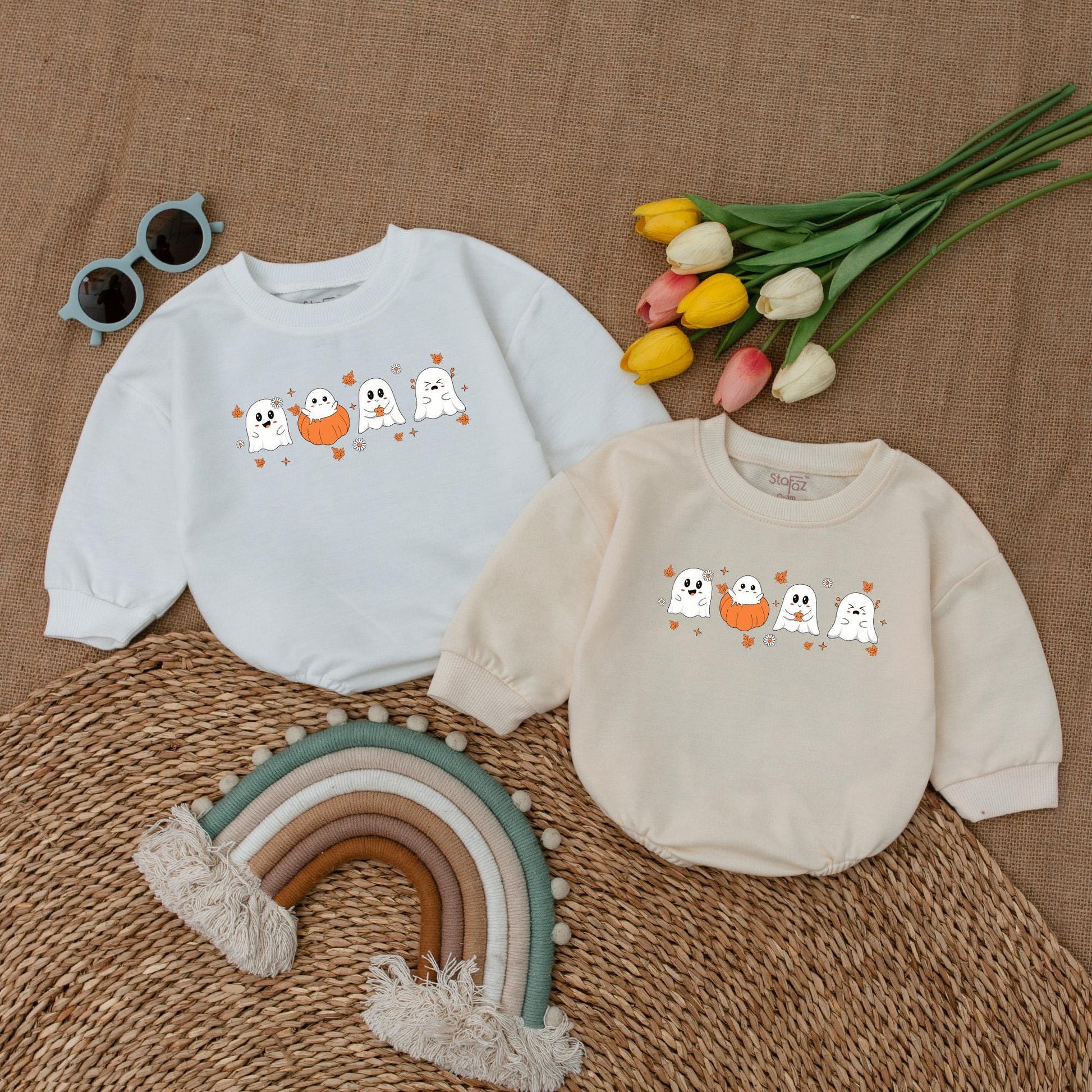 Cute Ghost & Pumpkin Halloween Baby Romper Outfit Newborn First Costume Fall Clothes Adorable White Orange Black Playful Bodysuit