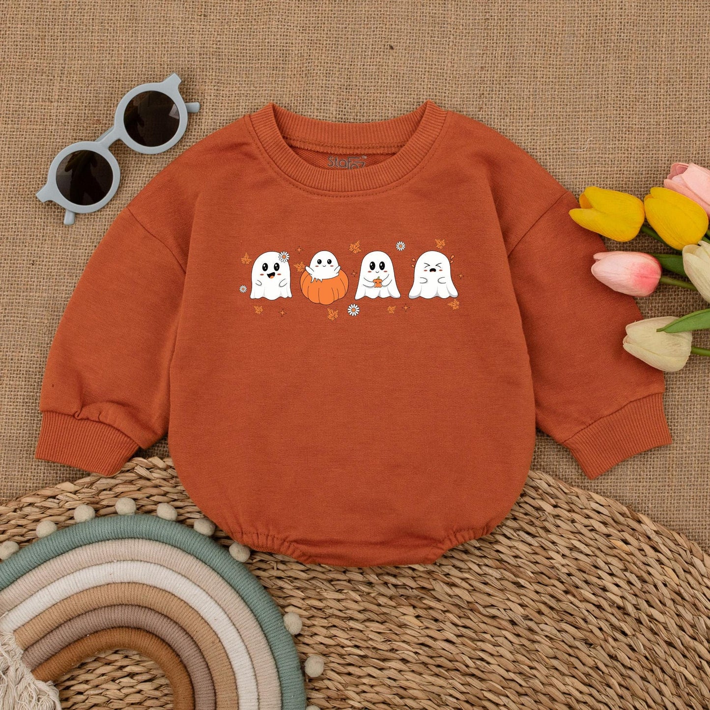 Cute Ghost & Pumpkin Halloween Baby Romper Outfit Newborn First Costume Fall Clothes Adorable White Orange Black Playful Bodysuit