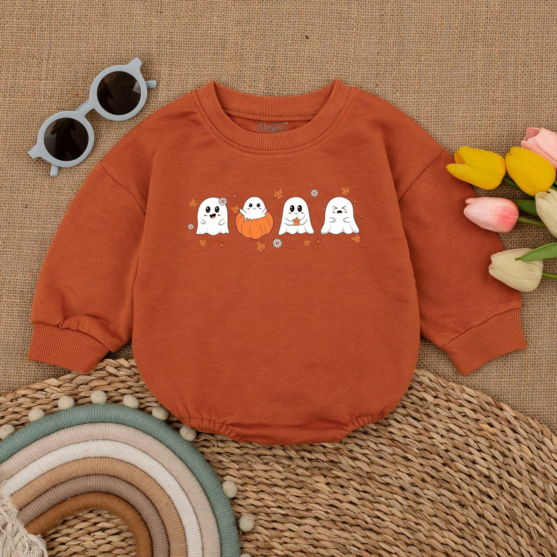 Cute Ghost & Pumpkin Halloween Baby Romper Outfit Newborn First Costume Fall Clothes Adorable White Orange Black Playful Bodysuit