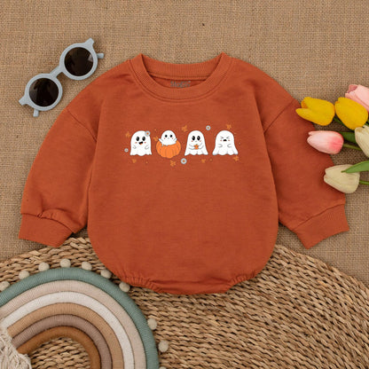 Cute Ghost & Pumpkin Halloween Baby Romper Outfit Newborn First Costume Fall Clothes Adorable White Orange Black Playful Bodysuit
