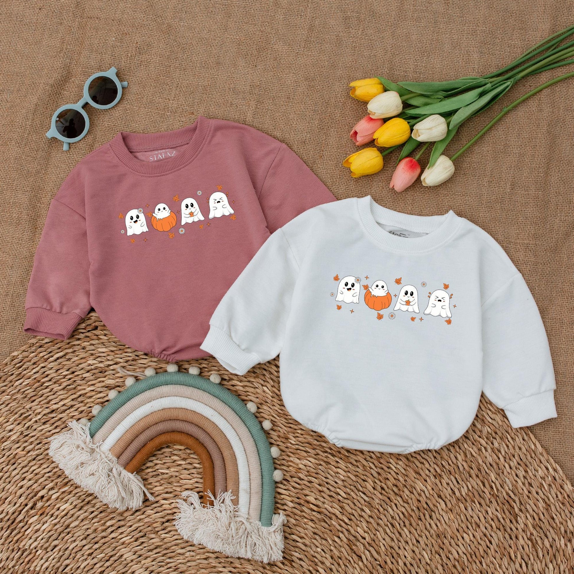 Cute Ghost & Pumpkin Halloween Baby Romper Outfit Newborn First Costume Fall Clothes Adorable White Orange Black Playful Bodysuit