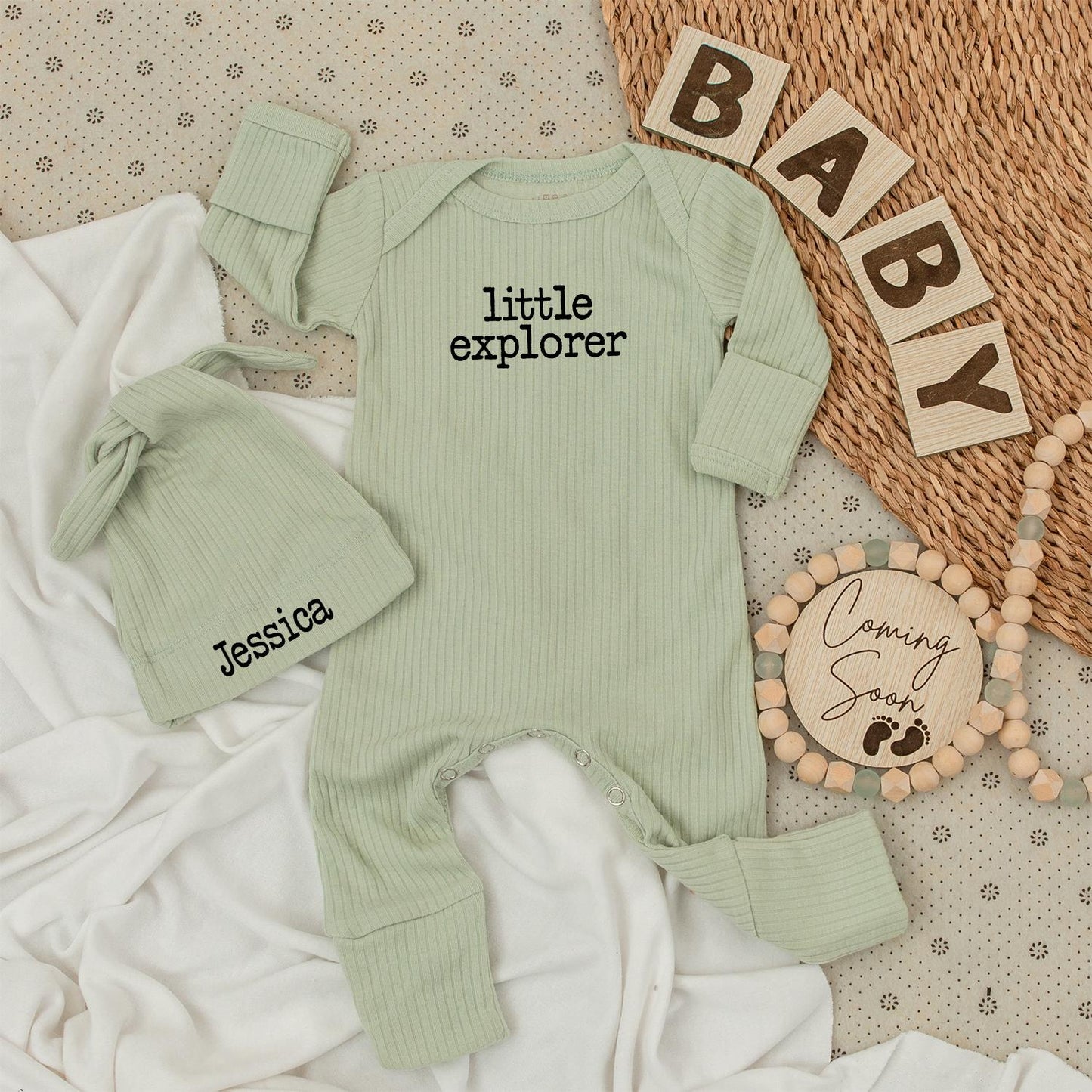 Little Explorer Baby Bodysuit and Hat Set Personalized Jessica Newborn Going Home Outfit Baby Shower Jumpsuit