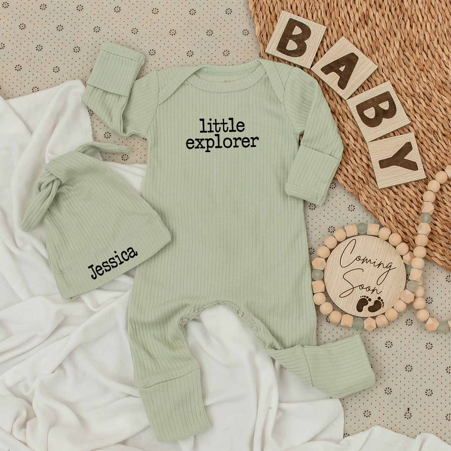 Little Explorer Baby Bodysuit and Hat Set Personalized Jessica Newborn Going Home Outfit Baby Shower Jumpsuit