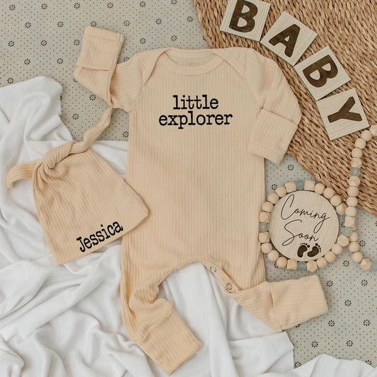 Little Explorer Baby Bodysuit and Hat Set Personalized Jessica Newborn Going Home Outfit Baby Shower Jumpsuit