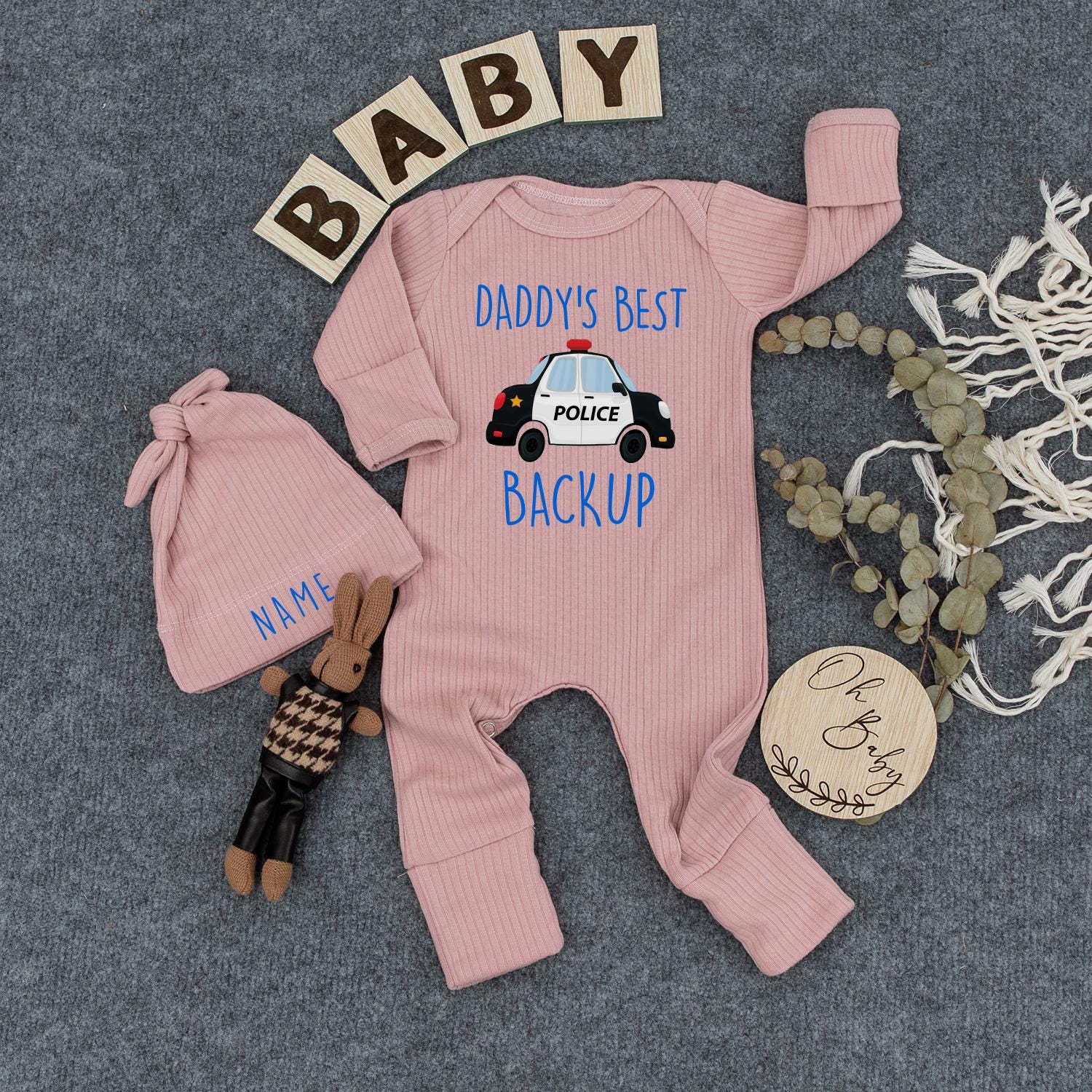 Daddy's Best Backup Baby Bodysuit Outfit with Police Car & Hat, Custom Name, Police Dad Gift, Pregnancy Announcement, Baby Shower Newborn Clothes 139