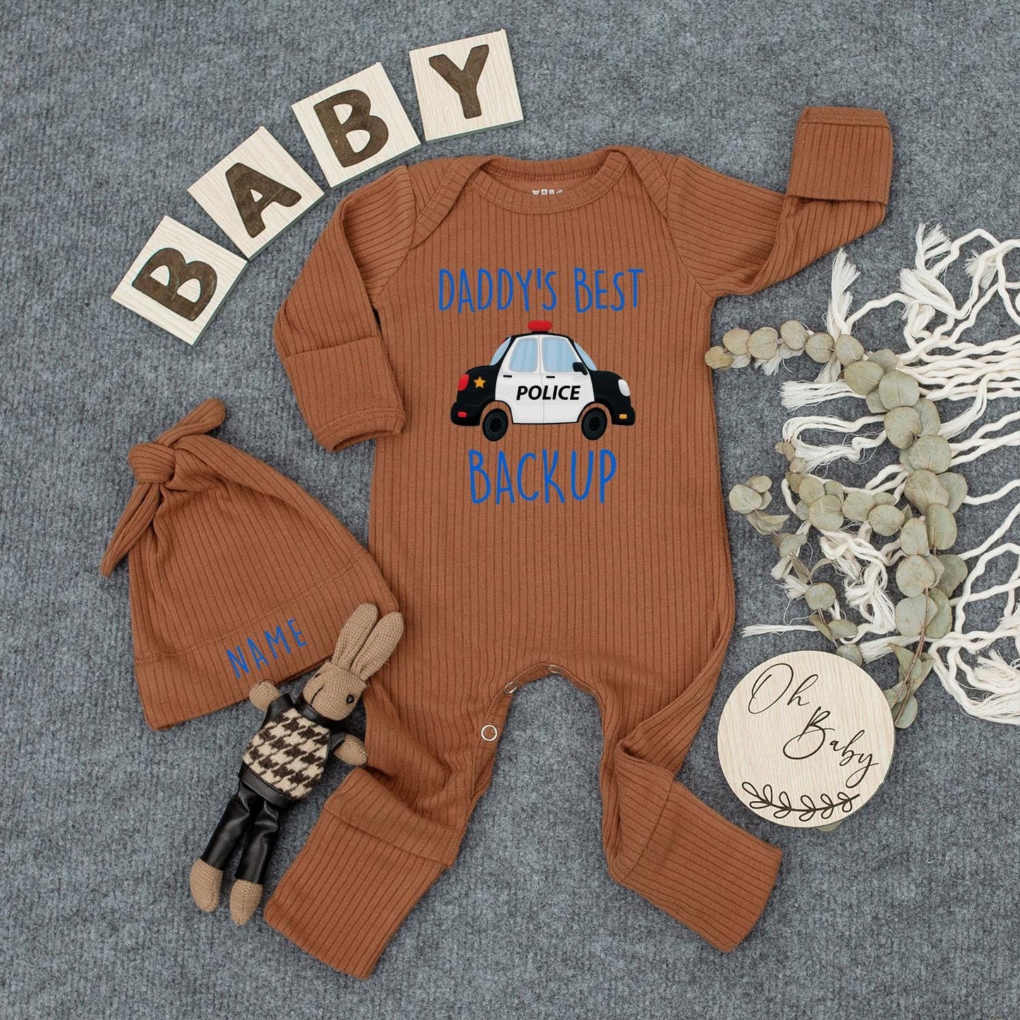 Daddy's Best Backup Baby Bodysuit Outfit with Police Car & Hat, Custom Name, Police Dad Gift, Pregnancy Announcement, Baby Shower Newborn Clothes 139