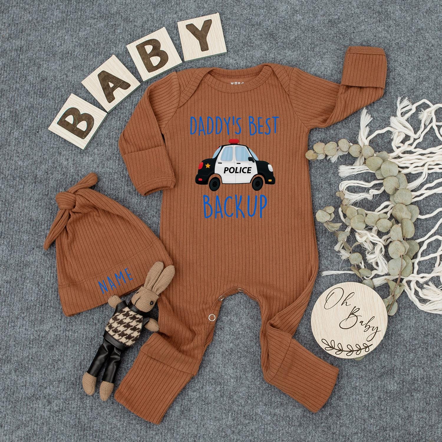 Daddy's Best Backup Baby Bodysuit Outfit with Police Car & Hat, Custom Name, Police Dad Gift, Pregnancy Announcement, Baby Shower Newborn Clothes 139