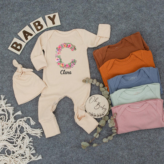 Clara Floral Wreath Personalized Baby Bodysuit & Hat Set, Police Car Outfit, Newborn Girl Clothes, Custom Name Gift, Sweet Infant Coming Home Outfit 138