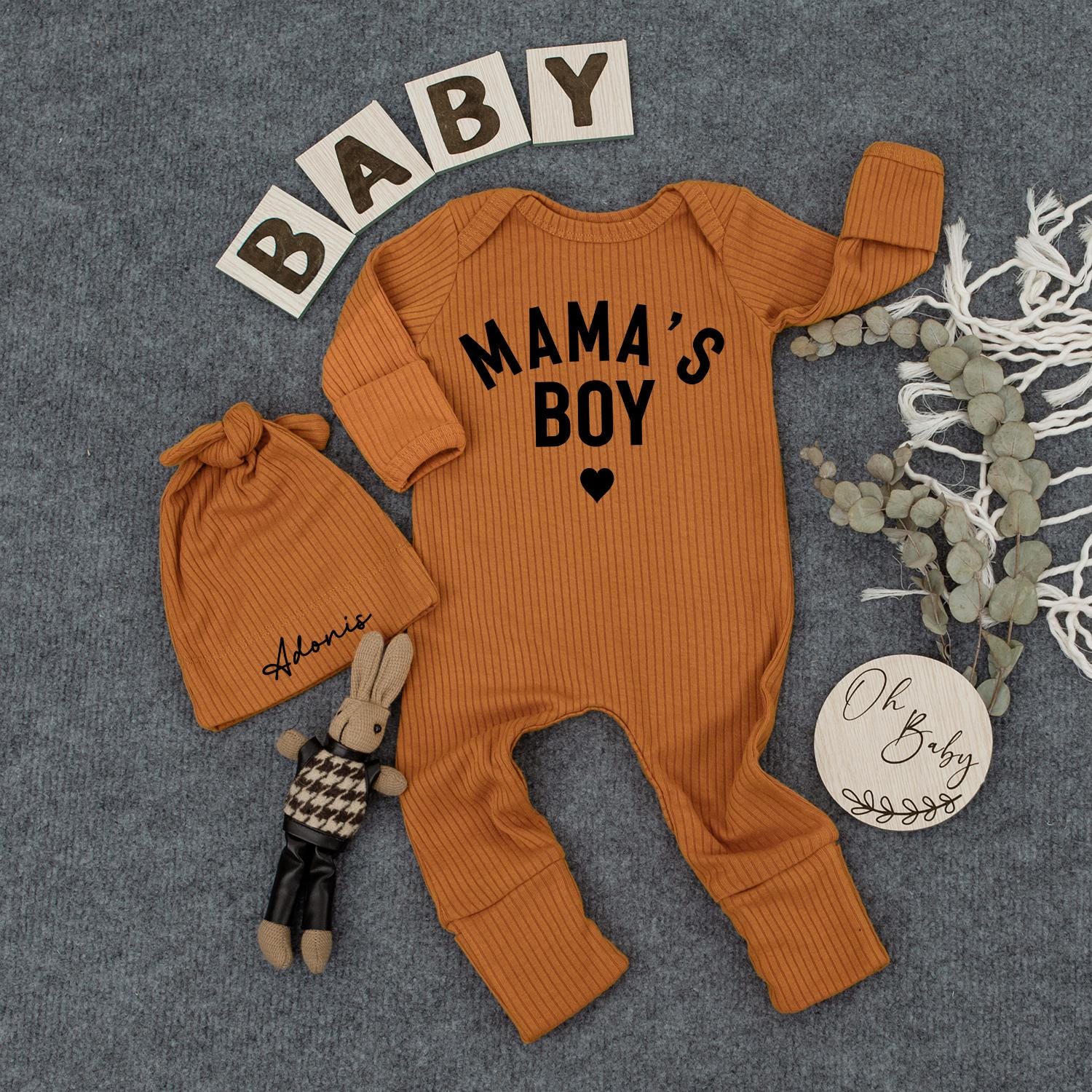 Mama's Boy Newborn Outfit Custom Name Hat Set, Modern Infant Bodysuit, Sweet Baby Shower Gift, Personalized Boy Clothes, Pregnancy Announcement 138
