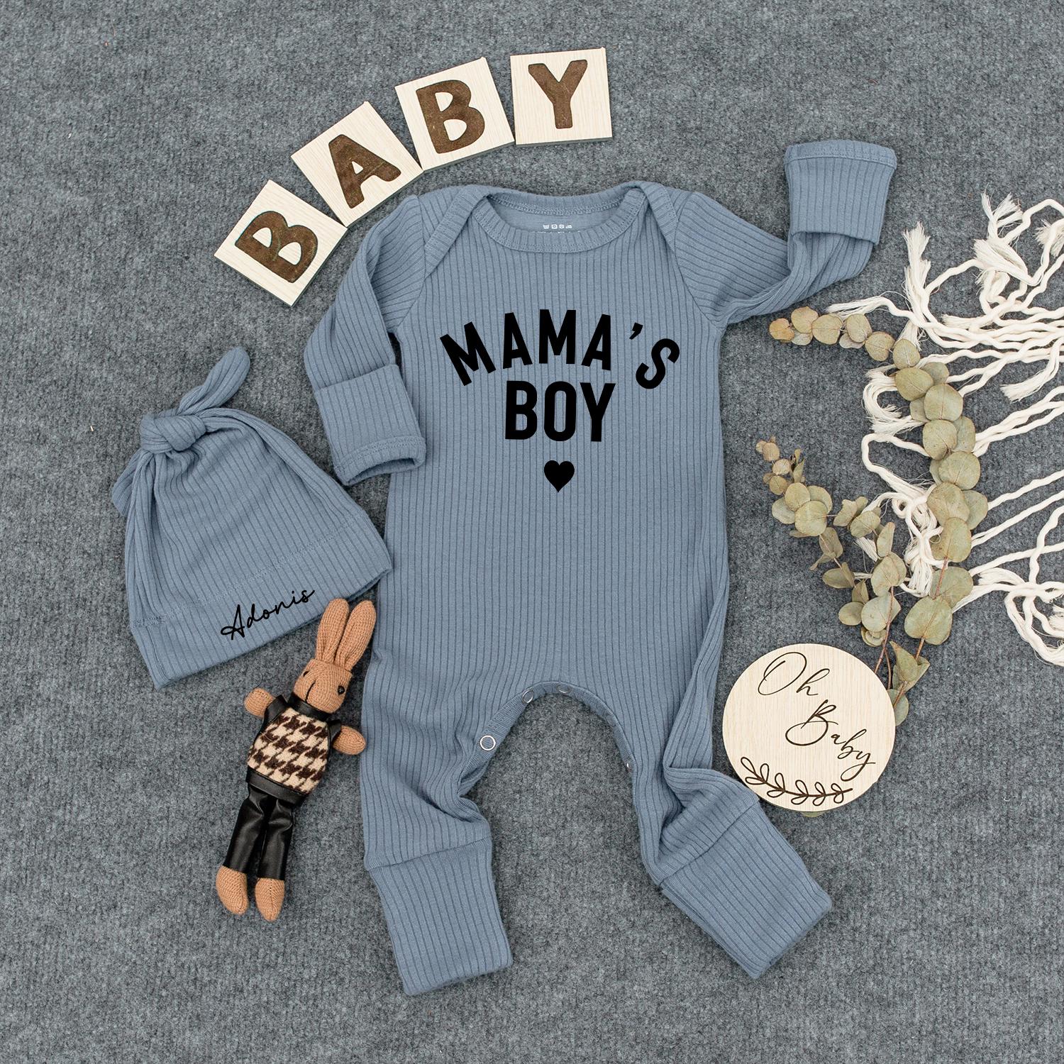 Mama's Boy Newborn Outfit Custom Name Hat Set, Modern Infant Bodysuit, Sweet Baby Shower Gift, Personalized Boy Clothes, Pregnancy Announcement 138