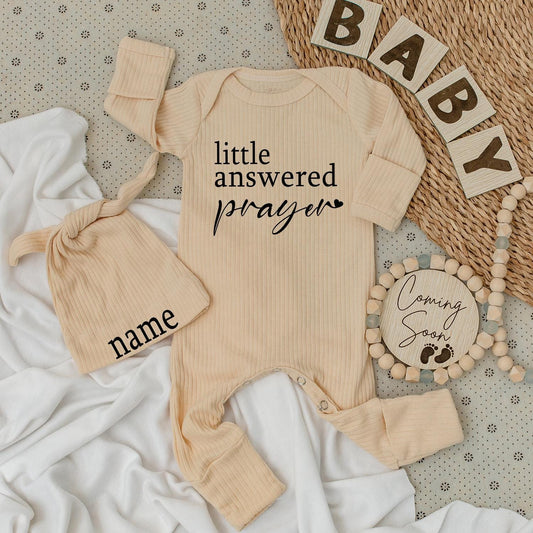 Little Answered Prayer Bodysuit & Hat Set Newborn Going Home Outfit Baby Shower Gift Spiritual Baby Blessing