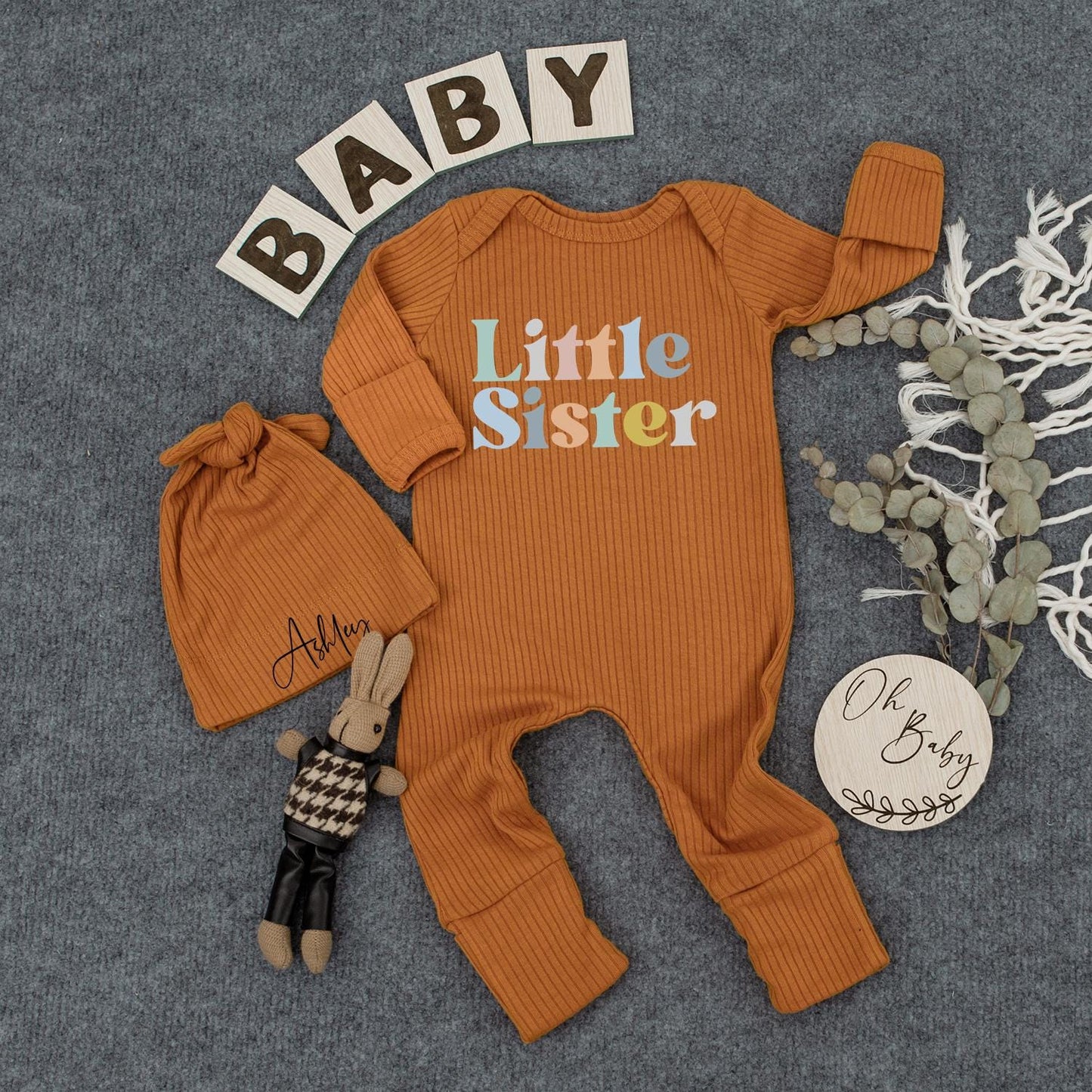 Custom Little Sister Baby Bodysuit Hat Newborn Girl Sibling Clothes Pregnancy Announcement Gift Playful Orange Blue Design