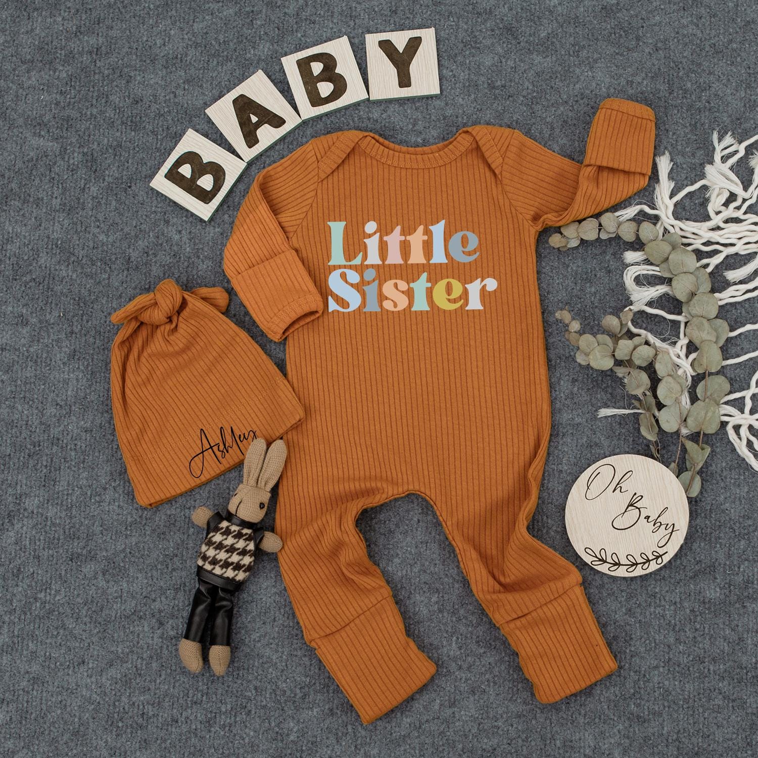 Custom Little Sister Baby Bodysuit Hat Newborn Girl Sibling Clothes Pregnancy Announcement Gift Playful Orange Blue Design