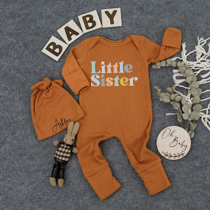Custom Little Sister Baby Bodysuit Hat Newborn Girl Sibling Clothes Pregnancy Announcement Gift Playful Orange Blue Design
