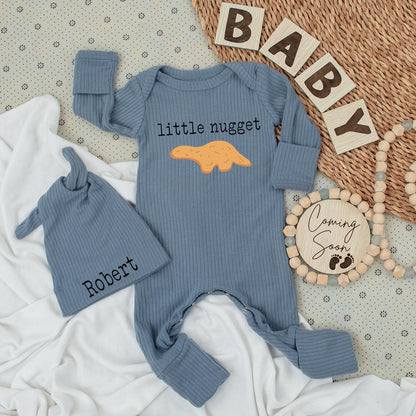 Little Nugget Dinosaur Baby Bodysuit & Hat Set, Personalized Robert Newborn Outfit, Baby Boy or Girl Sleepsuit, Custom Baby Shower Gift