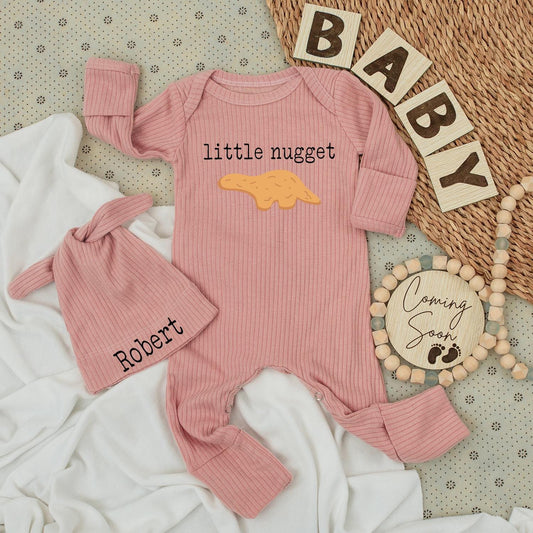 Little Nugget Dinosaur Baby Bodysuit & Hat Set, Personalized Robert Newborn Outfit, Baby Boy or Girl Sleepsuit, Custom Baby Shower Gift
