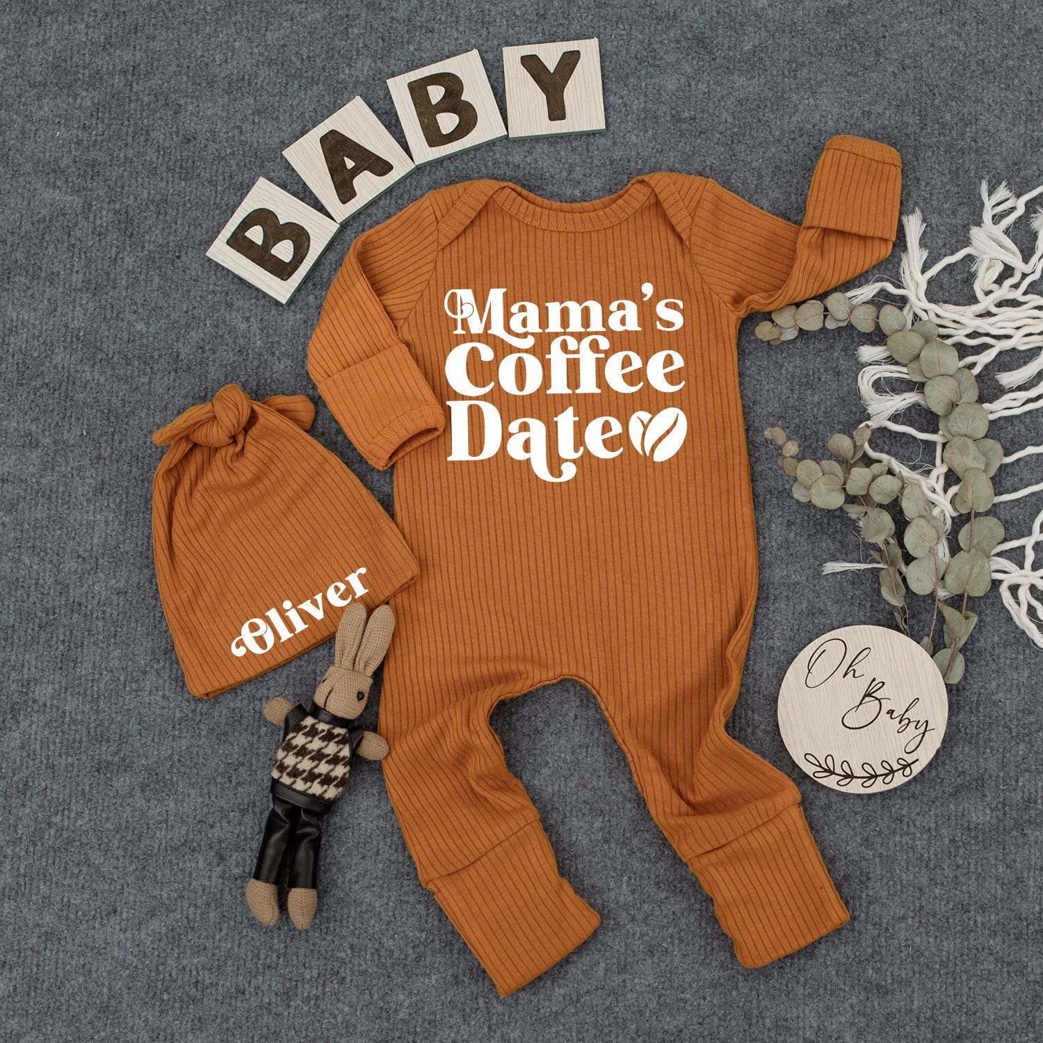 Mama's Coffee Date Baby Bodysuit & Hat Set, Custom 'Oliver' Name Newborn Outfit, Baby Girl/Boy Gift, Trendy Announcement
