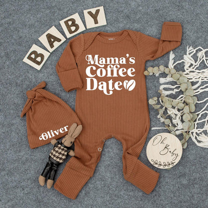 Mama's Coffee Date Baby Bodysuit & Hat Set, Custom 'Oliver' Name Newborn Outfit, Baby Girl/Boy Gift, Trendy Announcement