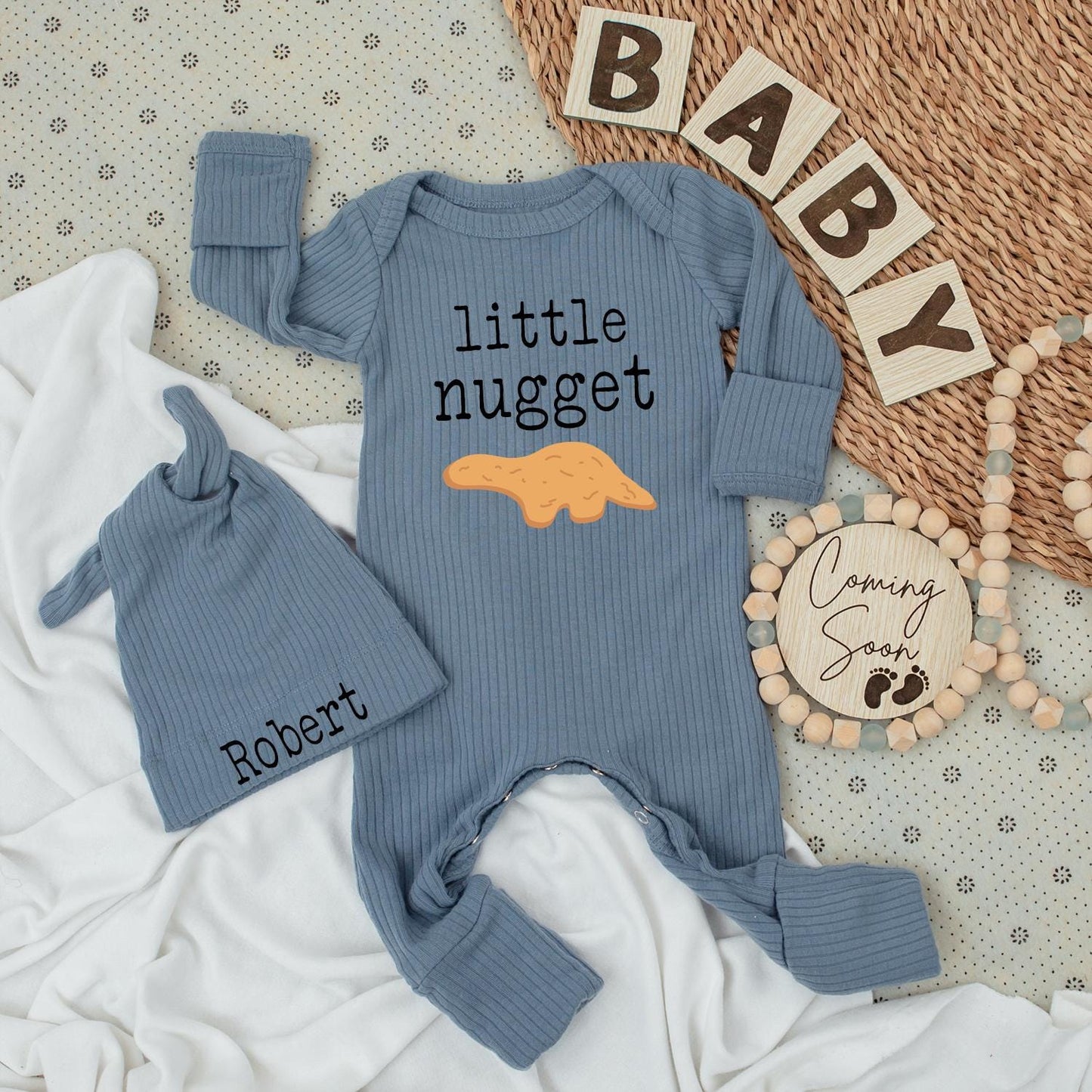 Little Nugget Dinosaur Baby Bodysuit & Hat Set Pale Yellow Minimalist Cartoon Cute Newborn Outfit Going Home