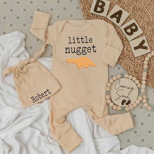 Little Nugget Dinosaur Baby Bodysuit & Hat Set Pale Yellow Minimalist Cartoon Cute Newborn Outfit Going Home