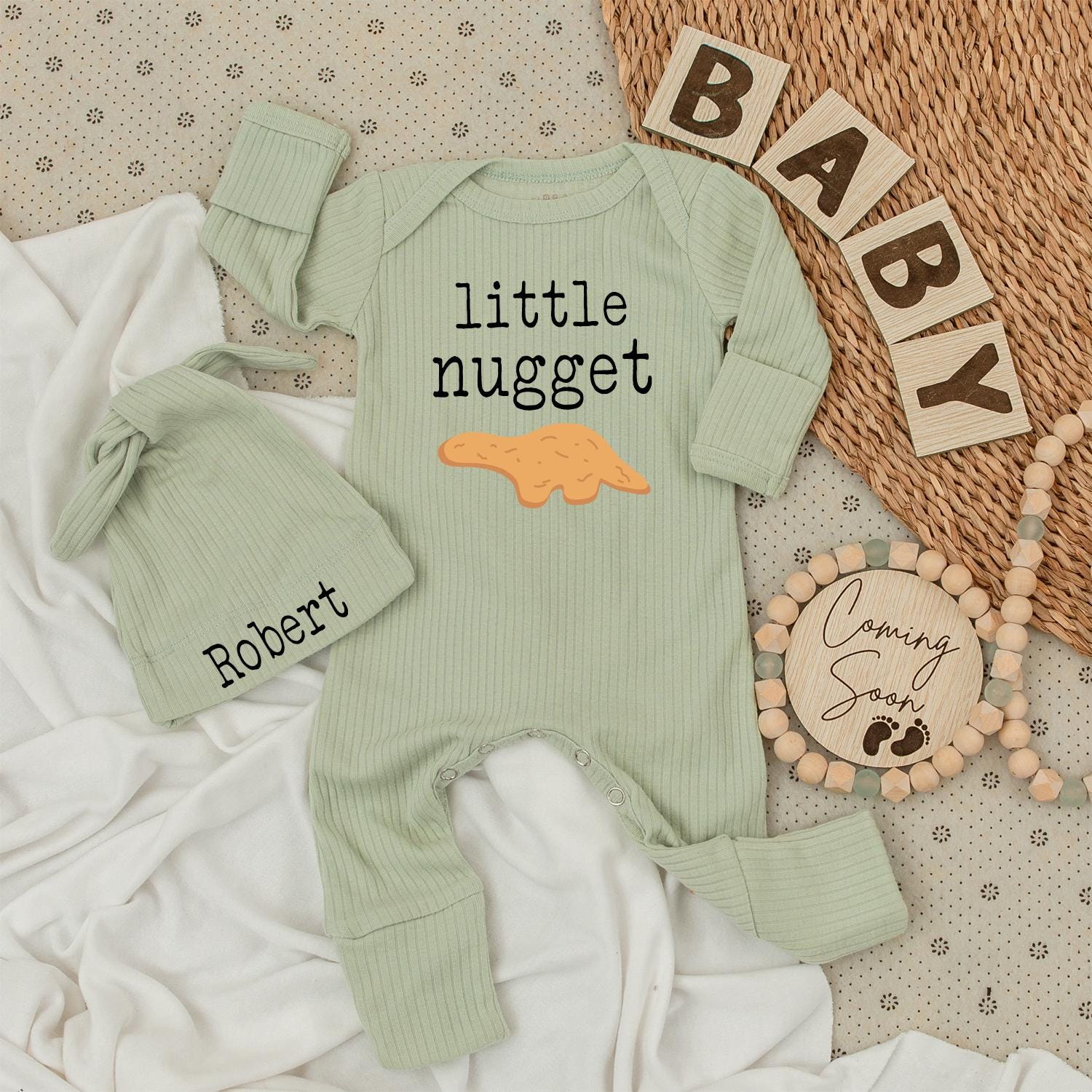 Little Nugget Dinosaur Baby Bodysuit & Hat Set Pale Yellow Minimalist Cartoon Cute Newborn Outfit Going Home