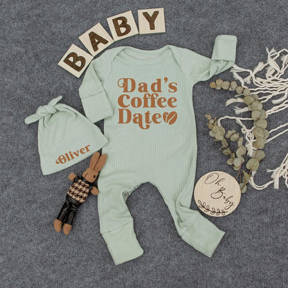 Dad's Coffee Date Personalized Baby Outfit with 'Oliver' Hat, Cute Newborn Set for Coffee Loving Dads, Baby Shower Gift, Modern Infant Bodysuit 138