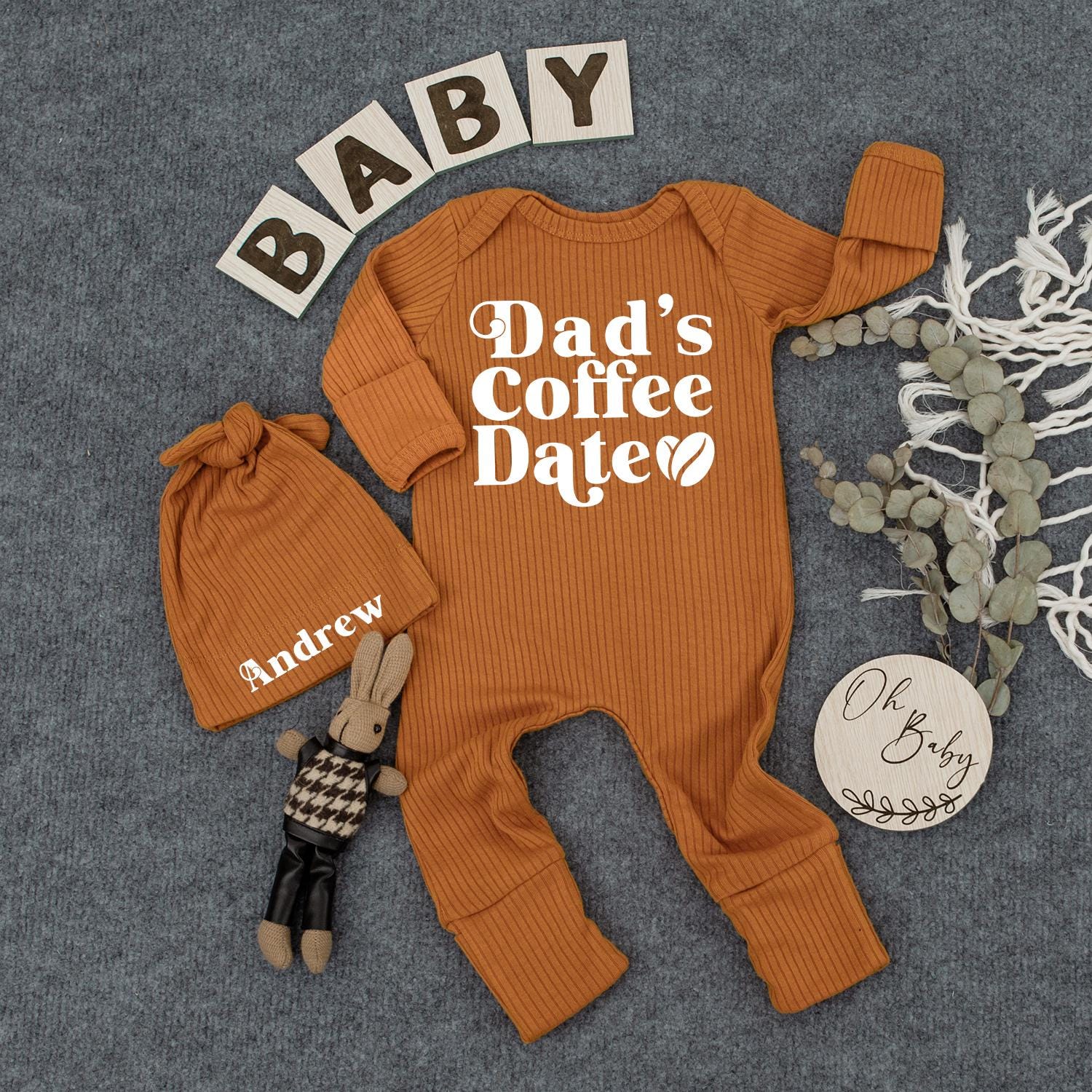 Dad's Coffee Date Personalized Baby Outfit with 'Oliver' Hat, Cute Newborn Set for Coffee Loving Dads, Baby Shower Gift, Modern Infant Bodysuit 138