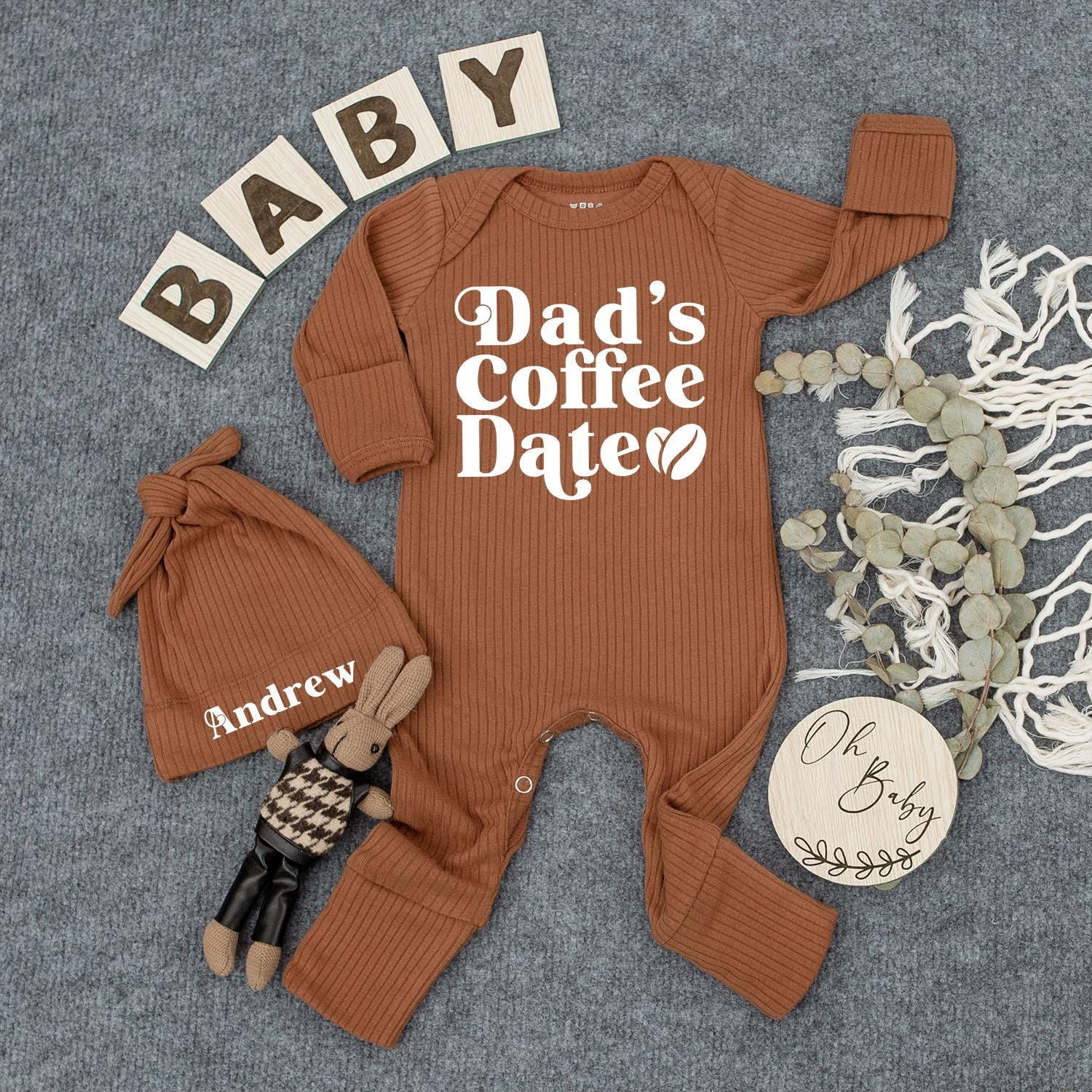 Dad's Coffee Date Personalized Baby Outfit with 'Oliver' Hat, Cute Newborn Set for Coffee Loving Dads, Baby Shower Gift, Modern Infant Bodysuit 138