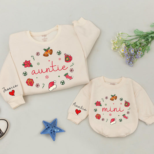 Personalized Auntie and Mini Christmas Sweatshirt Festive Holiday Gift with Poinsettias Bells Snowflakes and Santa Hats