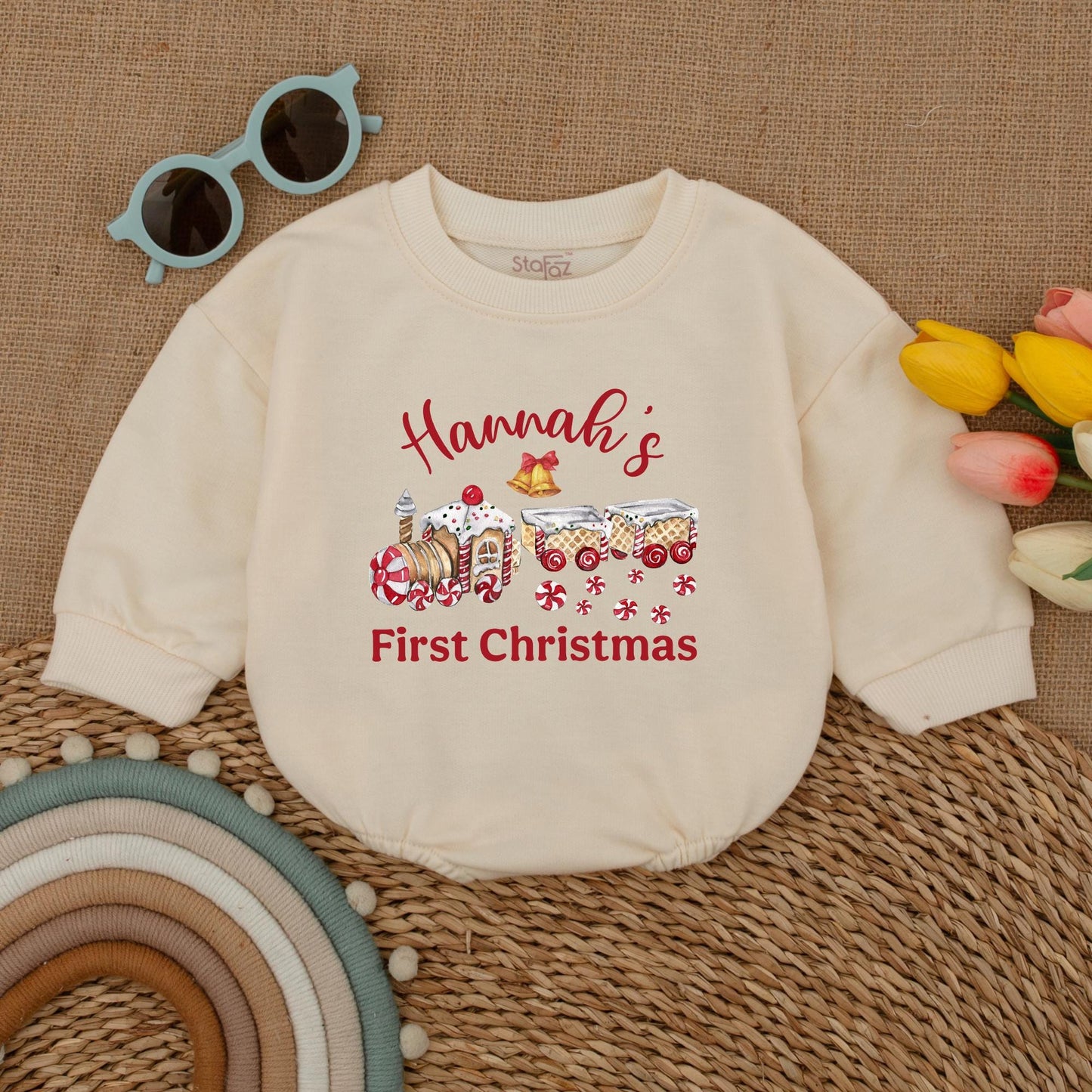 Vintage Personalized First Christmas Romper, Custom Baby Outfit