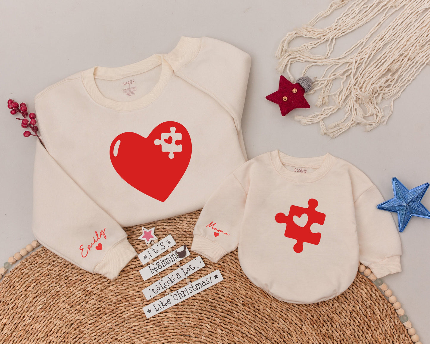 Matching Heart Piece Sweatshirt: Perfect Christmas Mom & Baby Outfit