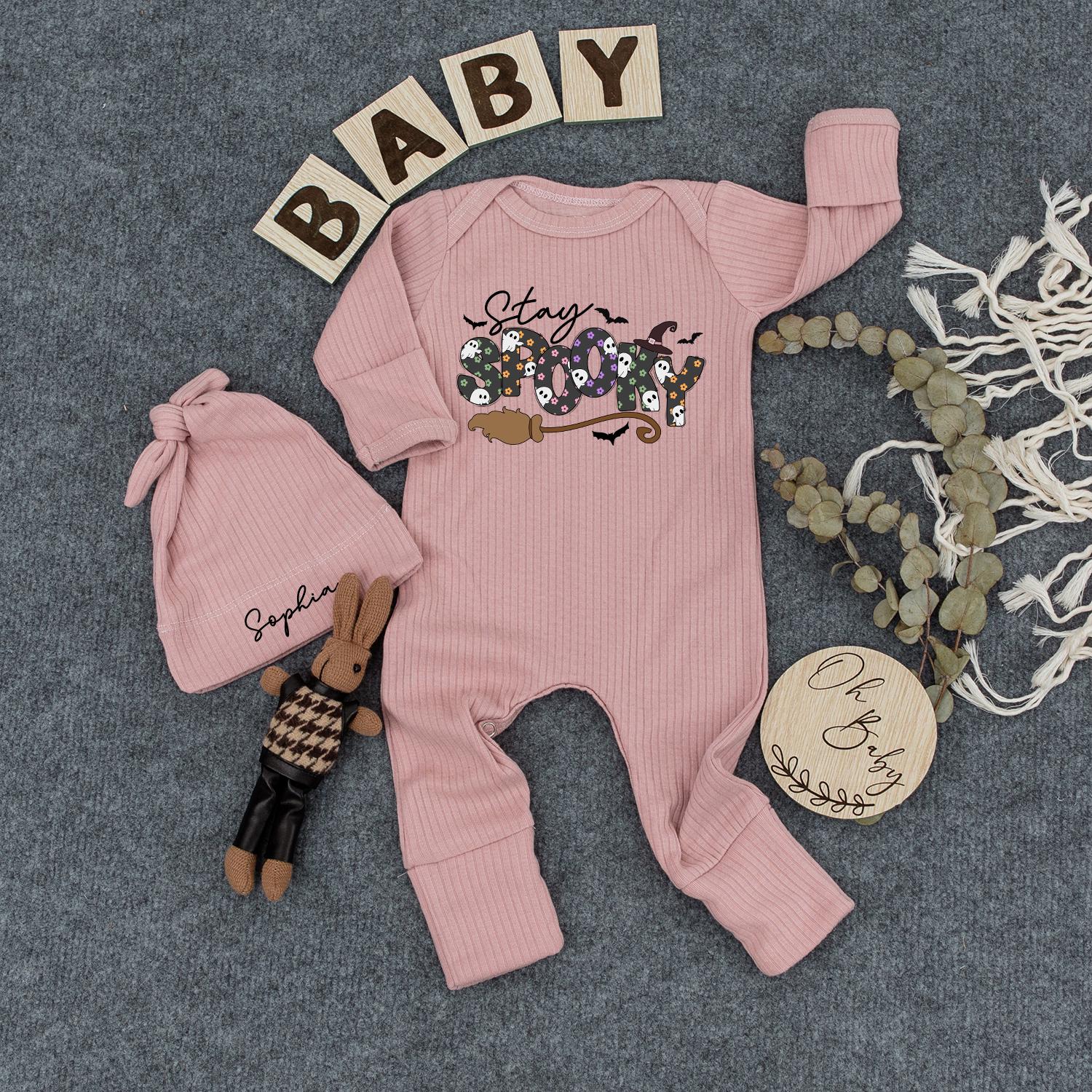 Stay Spooky Halloween Baby Outfit Set - Custom Bodysuit & Hat for Newborns! Cute Ghost & Witch Design Boho Clothes & Baby Gifts