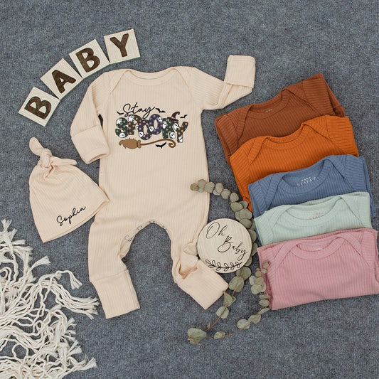 Stay Spooky Halloween Baby Outfit Set - Custom Bodysuit & Hat for Newborns! Cute Ghost & Witch Design Boho Clothes & Baby Gifts