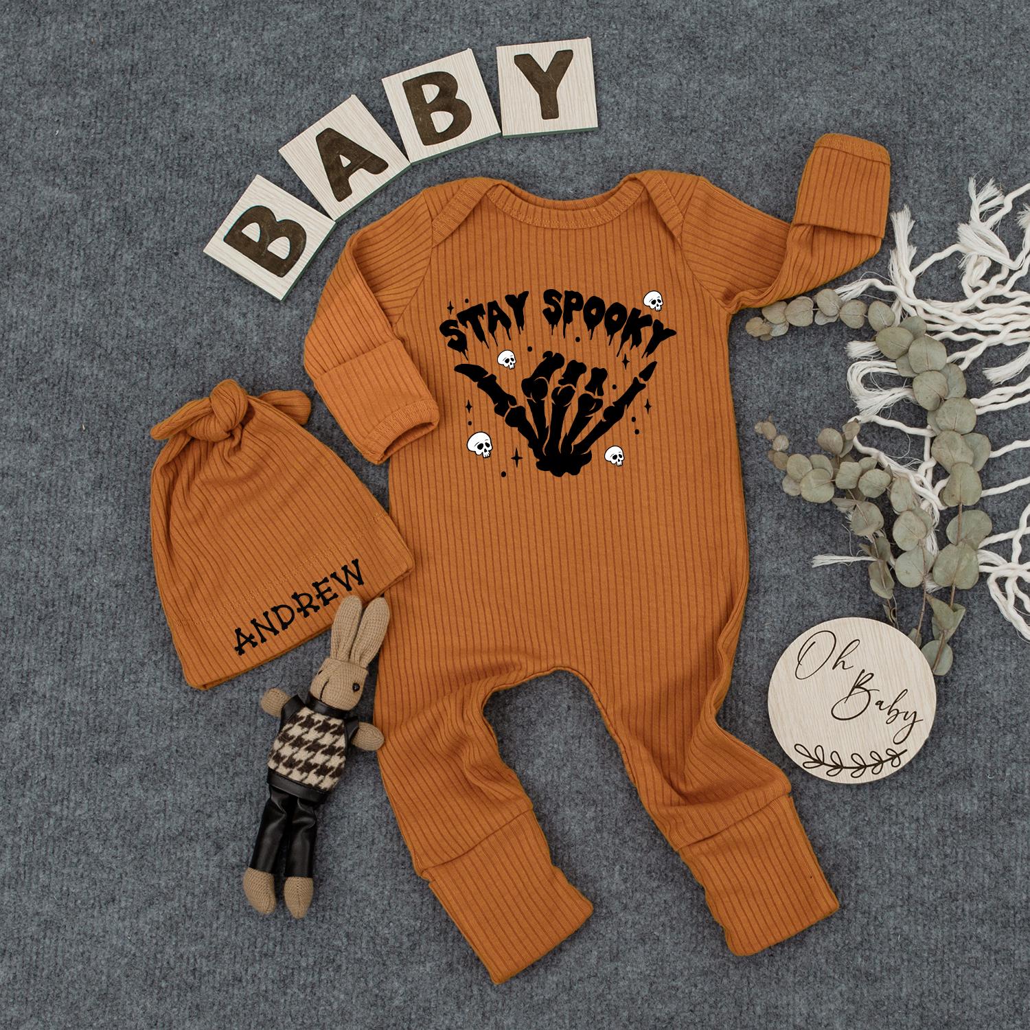 Stay Spooky Baby Bodysuit & Hat Set, Halloween Outfit Newborn Gift, Cute Witch Romper, Infant Clothes, Black Skeleton Hand Design Party, Unisex, Mom Gift