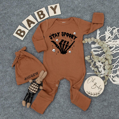 Stay Spooky Baby Bodysuit & Hat Set, Halloween Outfit Newborn Gift, Cute Witch Romper, Infant Clothes, Black Skeleton Hand Design Party, Unisex, Mom Gift