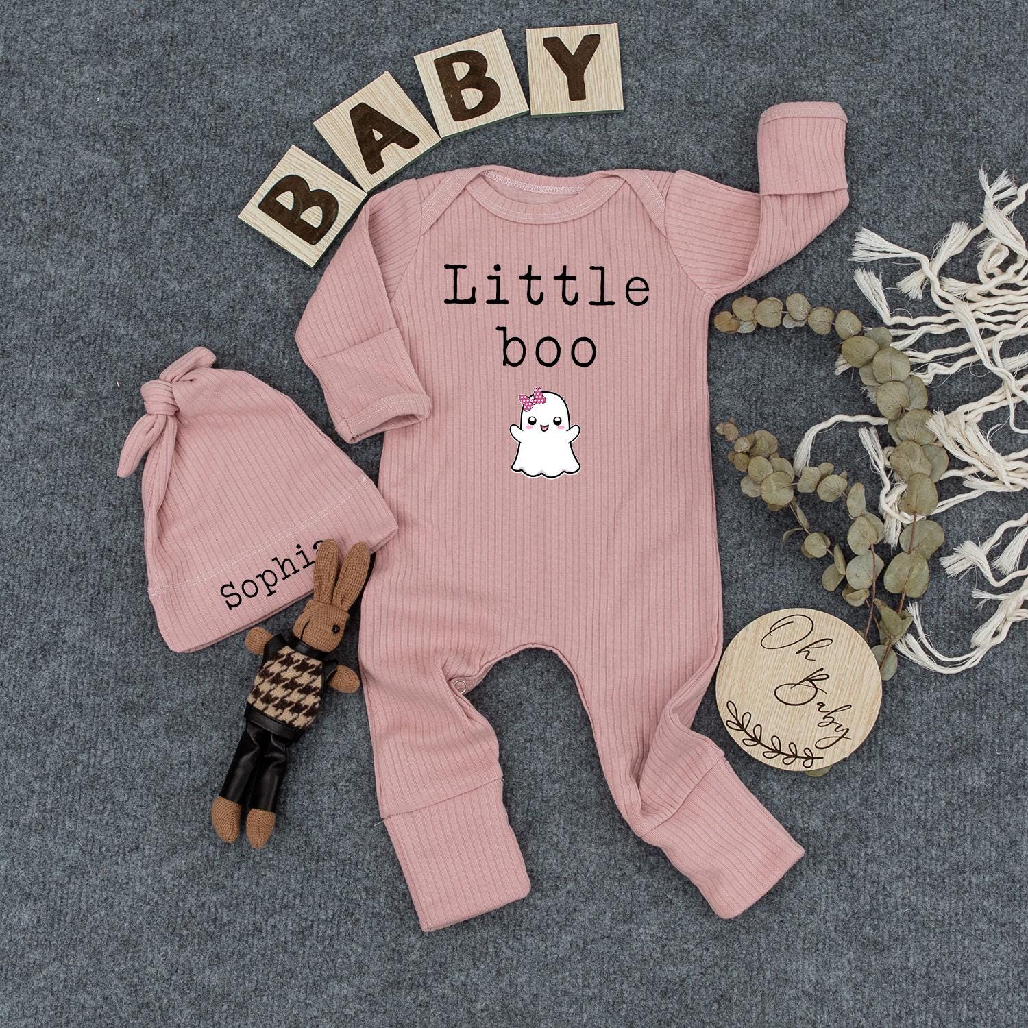 Personalized Little Boo Outfit, Custom Baby Romper & Hat Set, Cute Halloween Ghost Newborn Gift with Sophia Name Detail, Infant Girl Boho Clothes 139