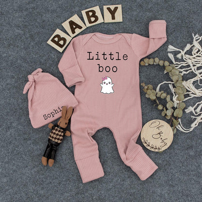 Personalized Little Boo Outfit, Custom Baby Romper & Hat Set, Cute Halloween Ghost Newborn Gift with Sophia Name Detail, Infant Girl Boho Clothes 139
