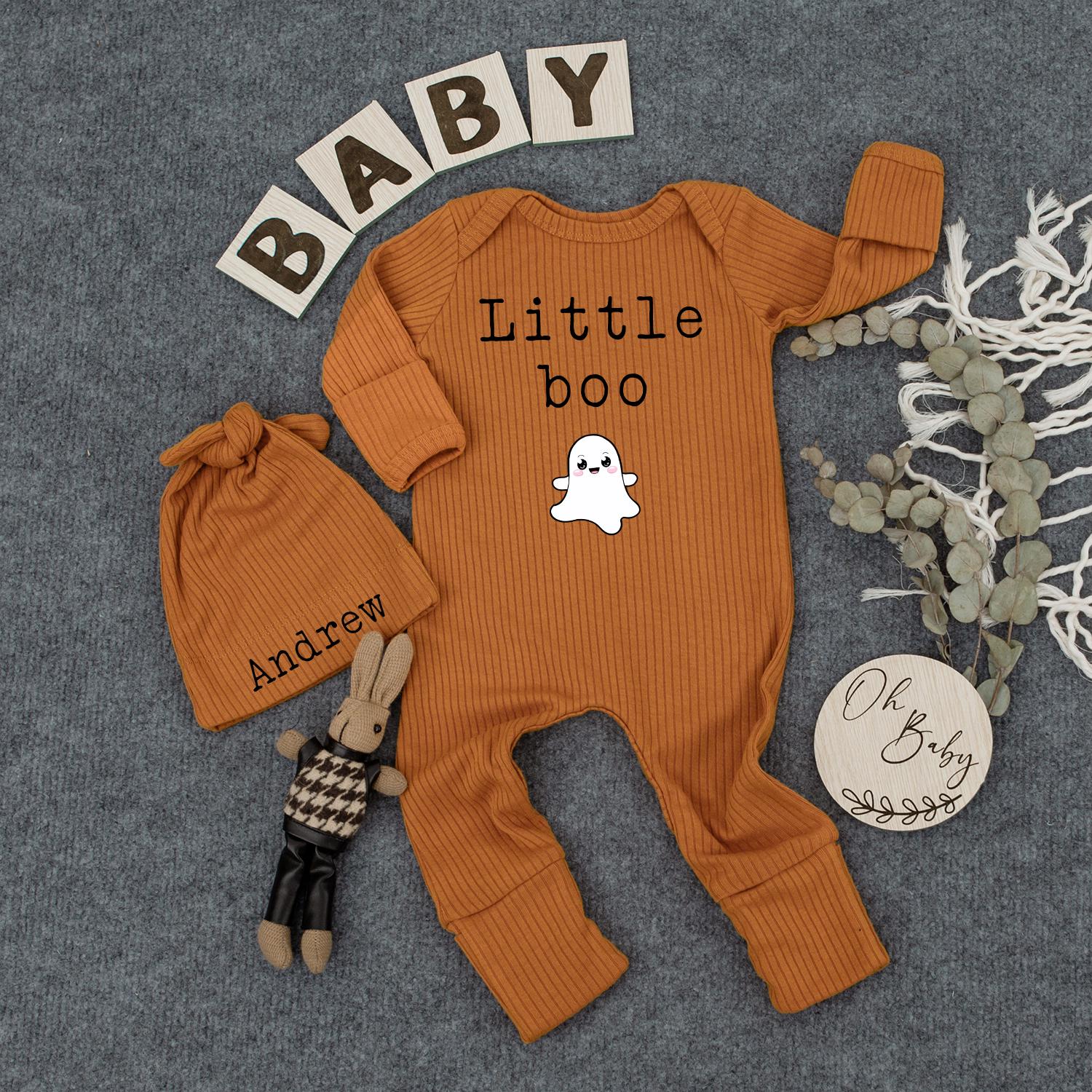 Personalized Baby Bodysuit and Hat Set with Little Boo Ghost Design for Newborn Halloween Outfit Cute Infant Romper New Mom Gift