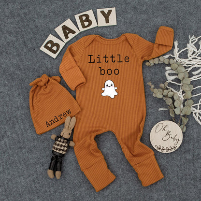 Personalized Baby Bodysuit and Hat Set with Little Boo Ghost Design for Newborn Halloween Outfit Cute Infant Romper New Mom Gift