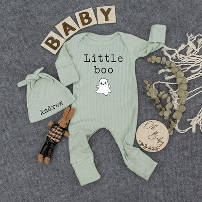 Personalized Baby Bodysuit and Hat Set with Little Boo Ghost Design for Newborn Halloween Outfit Cute Infant Romper New Mom Gift