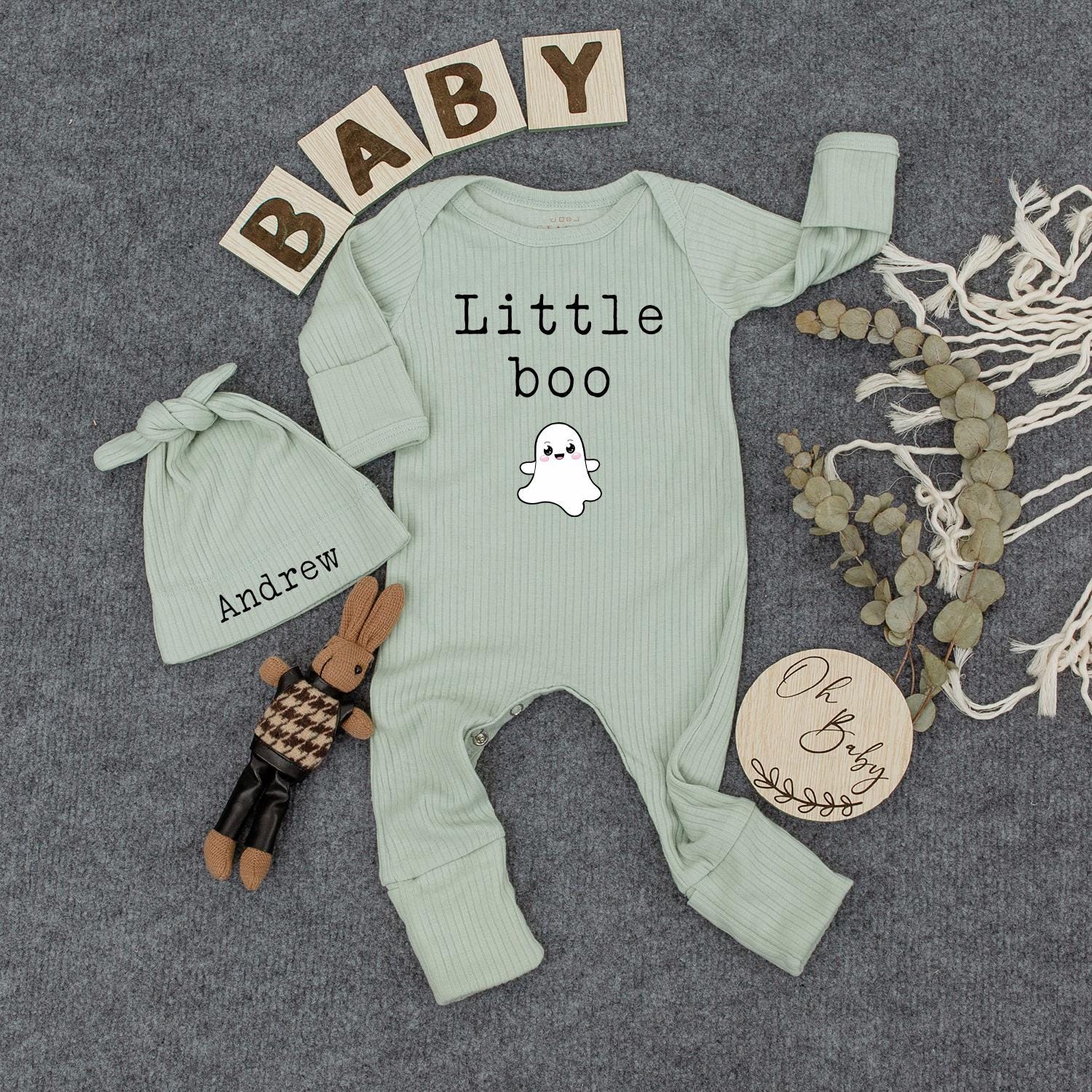 Little Boo Personalized Baby Outfit Set, Cute Ghost Bodysuit & Hat, Custom Name Halloween Newborn Romper, Gender Neutral Gift for New Mom Andrew 139