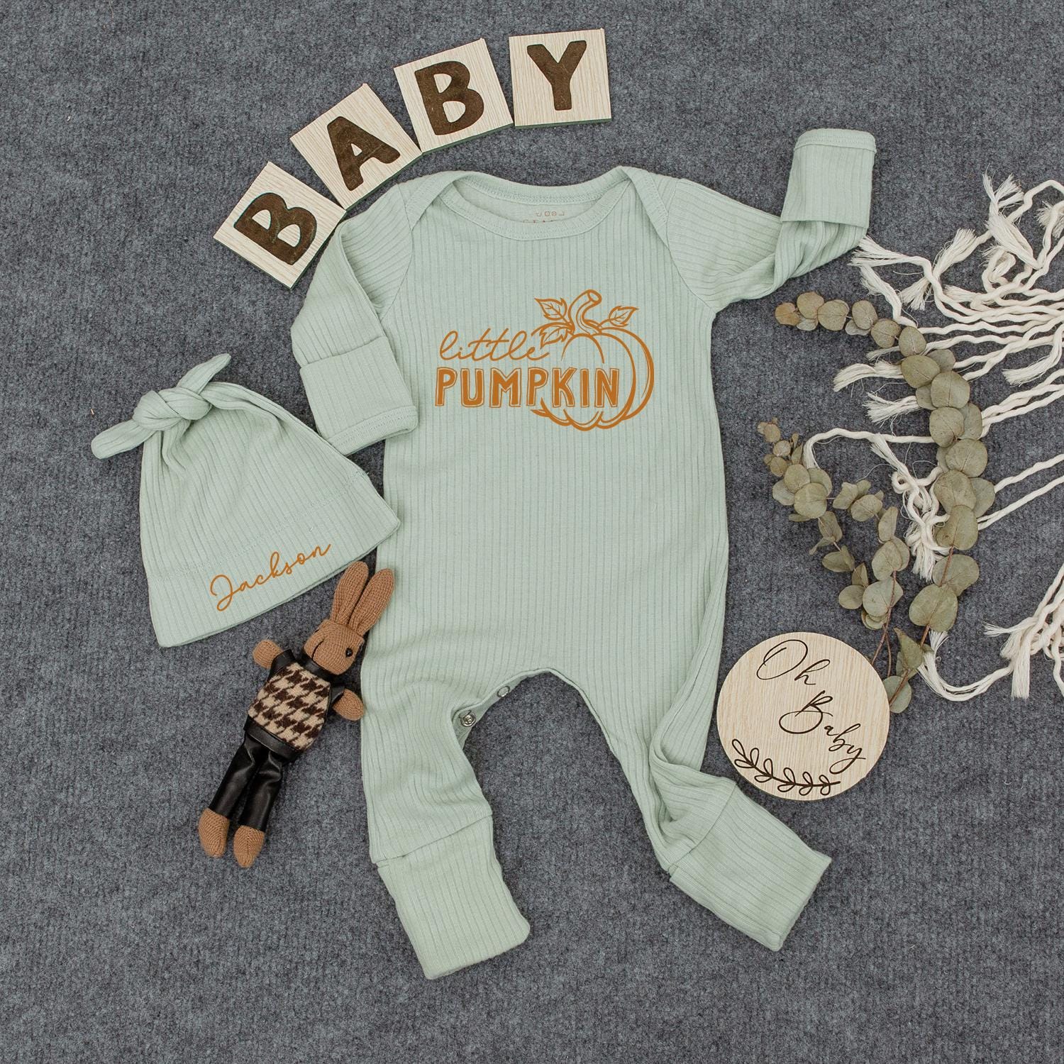 Personalized Little Pumpkin Baby Bodysuit & Hat Set Custom Name Jackson Newborn Outfit Fall Announcement Coming Home Shower Gift Long Sleeve 136
