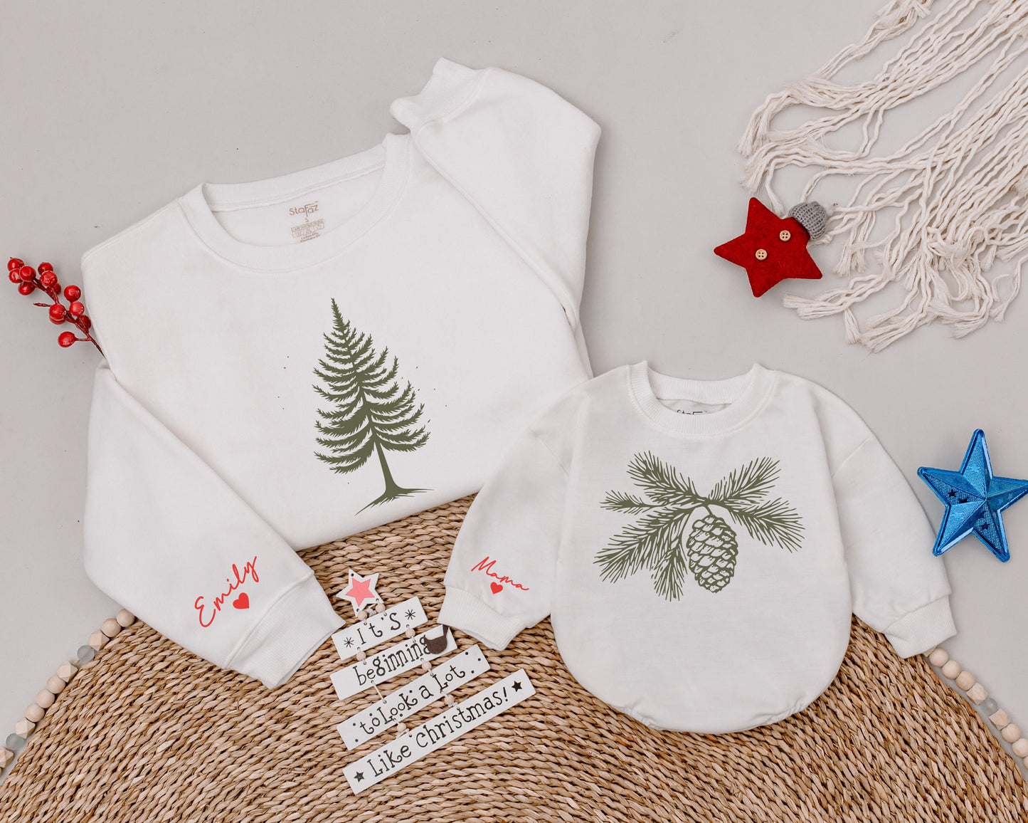 Matching Mom and Baby Christmas Sweatshirts: Pine Tree & Pinecone